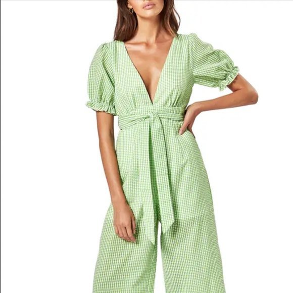 NWT Charlie Holiday Rowan Anthropologie Gingham Jumpsuit Green - Picture 2 of 7